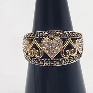 LA Jewelry Silver Tone & Gold Tone CZ & Marcasite Hearts Ring (6.75)